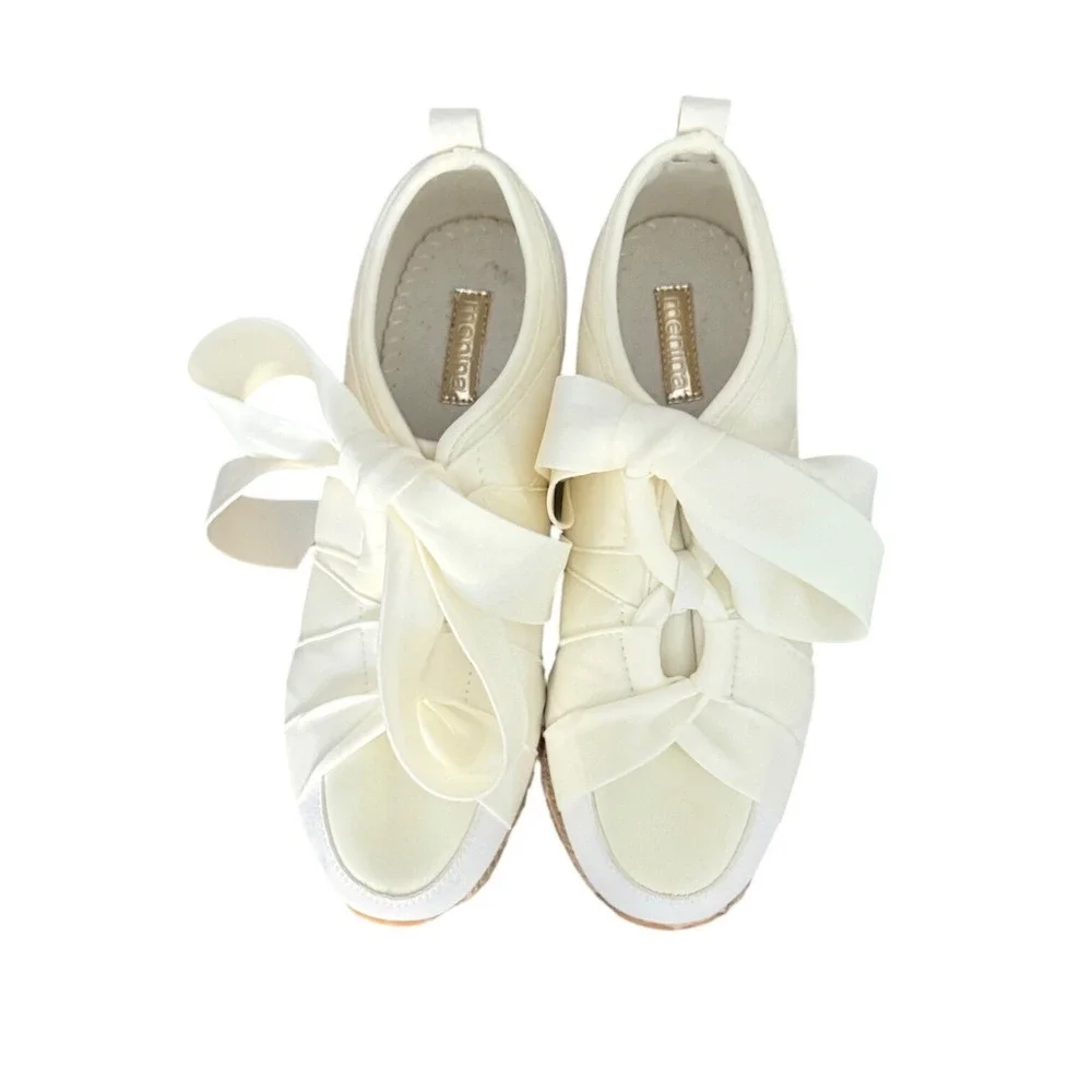 Menina Off White Satin Ribbon Bow Espadrille Platform Sneakers Womens